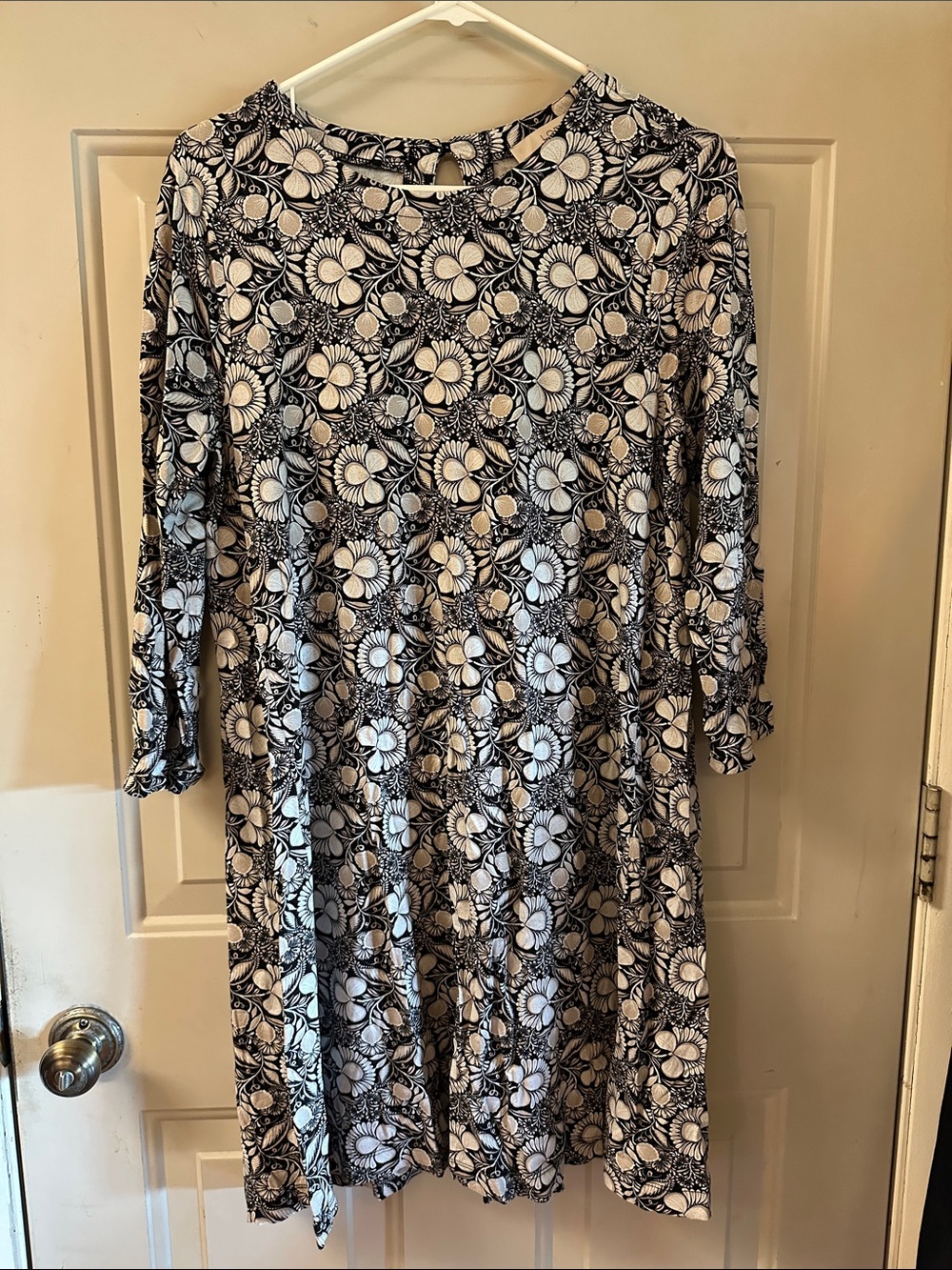 LOFT Black and White Floral Long-Sleeve Midi Dress